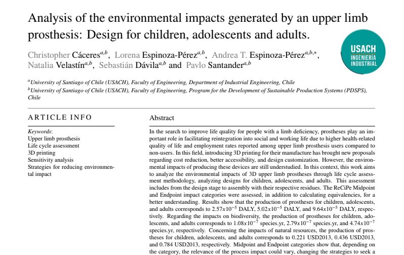 Publicación internacional analiza impacto ambiental de prótesis impresas en 3D desarrolladas con participación de estudiantes y académicos del Departamento de Ingeniería Industrial